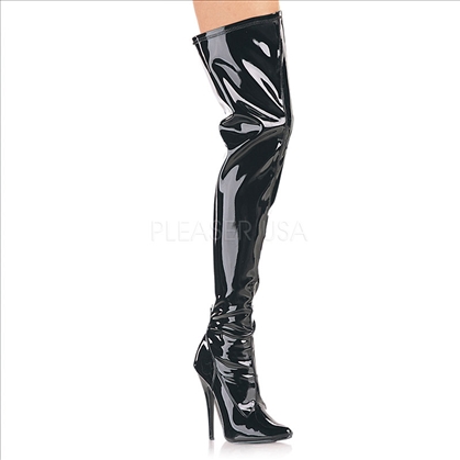 thigh high 6 inch heel shiny black stretch boots