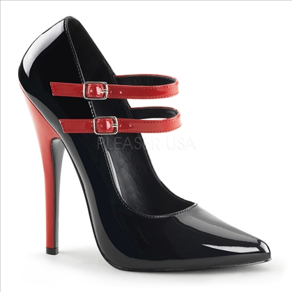 double red strap black patent pointed toe women's shoes
