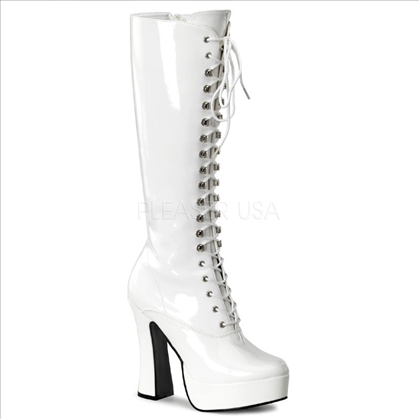 shiny white patent knee-high go-go boots chunk heel