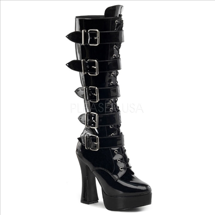 4 buckle chunky heel shiny black patent knee-high boots