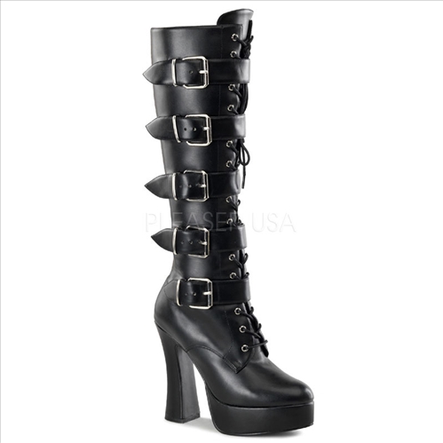4 buckle chunky heel matte black knee-high boots