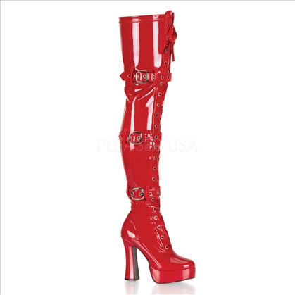 Triple buckles red patent thigh high chunky heel boots