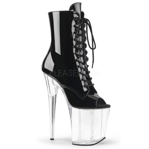 8 inch heel black shiny patent clear platform ankle boot