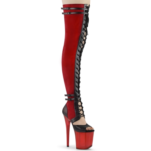 thigh high boots red faux suede black faux leather