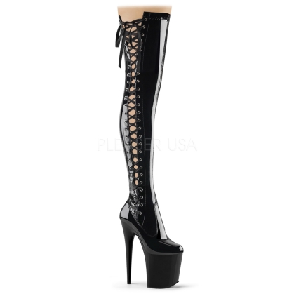 8 inch heel shiny black patent thigh high boots with side ribbon lacing