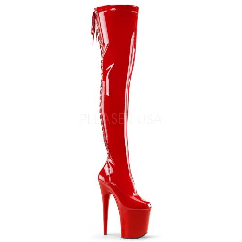 lace up back stretch thigh high boots in red shiny patent