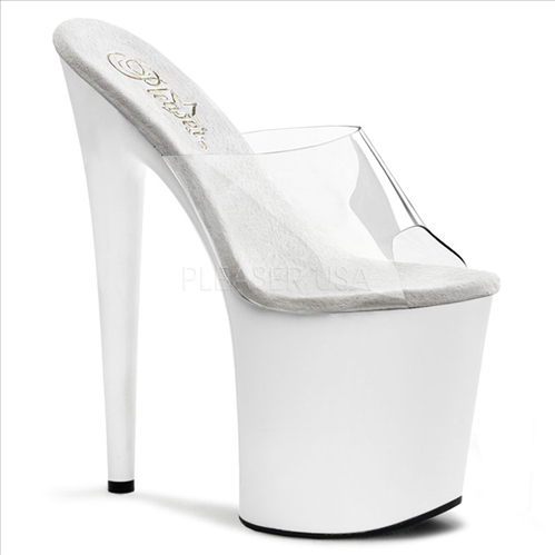 8 inch clear top and shiny white patent strapless stripper shoes