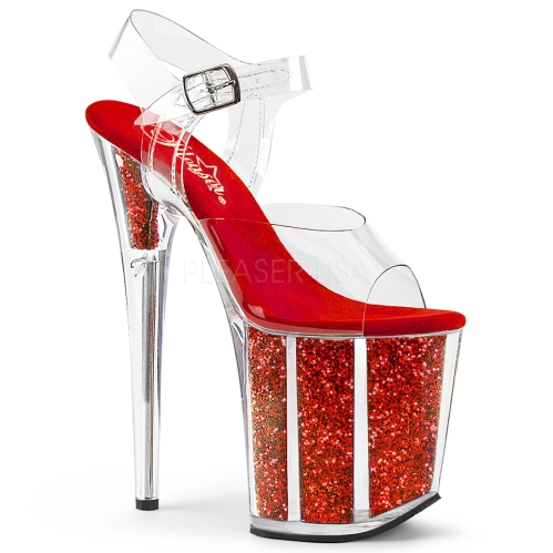 8 inch heel exotic stripper shoes red glitter and clear ankle straps