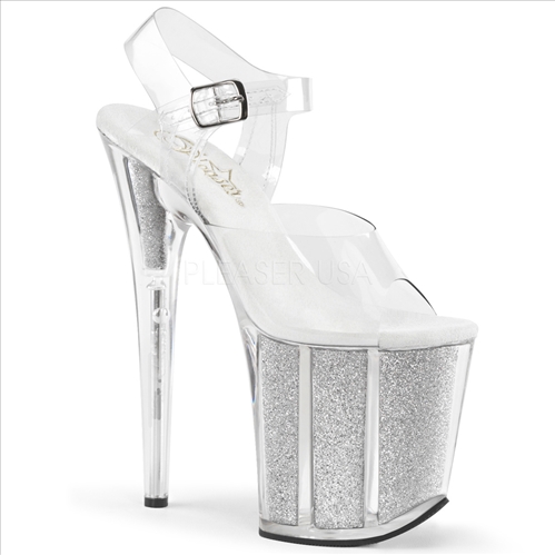 8 inch heel exotic stripper shoes silver glitter and clear ankle straps