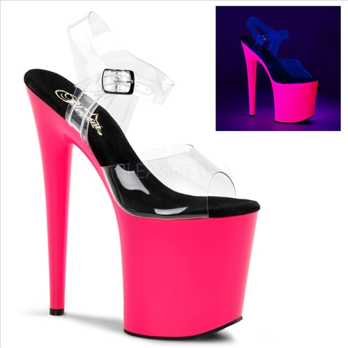 neon stripper shoes in UV reactive hot pink 8 inch heel