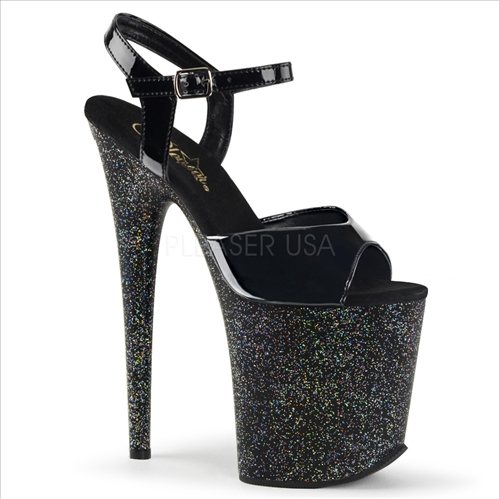 black glitter stripper shoe 8 inch heel ankle strap platform shoes