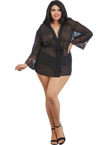 Chiffon and stretch lace short kimono robe with 3/4 length sleeves