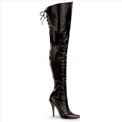 5 Inch Heel Thigh Pointed Toe Black Leather Boots