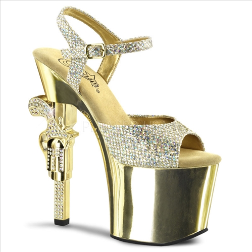 Gold Chrome Revolver Heel Ankle Strap Sex Shoe