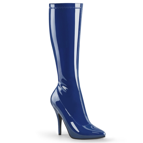 knee high boots navy blue stretch patent