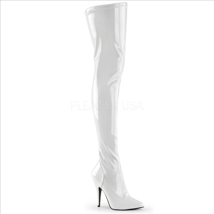 Stretch White Patent Thigh High Boots Side Zipper