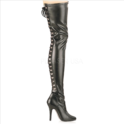 Black Faux Leather Thigh High Boots Lace Up Back
