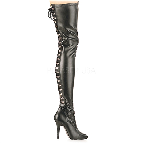 Black Faux Leather Thigh High Boots Lace Up Back