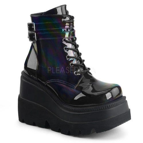 Black Hologram Wedge Platform Lace-Up Ankle Boot