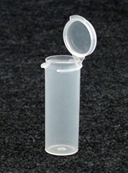 Bottles, Jars and Tubes:  102500 - 0.60 oz. 1-inch diameter Lacons&reg; clarified natural  laboratory and medical grade polypropylene; small round hinged-lid plastic containers.