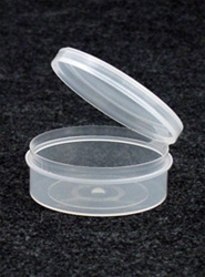 Bottles, Jars and Tubes:  250950 - 1.62 oz. 2Â½-inch Lacons&reg; clarified natural  laboratory and medical grade polypropylene; small round hinged-lid containers.