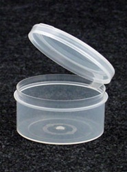 Bottles, Jars and Tubes:  251300 - 2.40 oz. 2Â½-inch Lacons&reg; clarified natural  laboratory and medical grade polypropylene; small round hinged-lid containers.