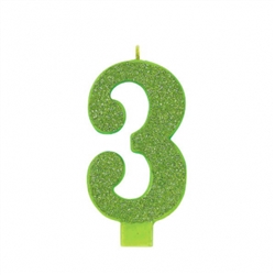 Numeral 3 Green Glittered 5 Inch Candle