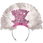 Happy New Year Tiara Pink Foil with Glitter and Feathers