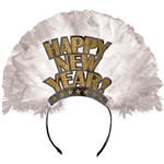 Happy New Year Tiara Gold Foil with Glitter and Feathers