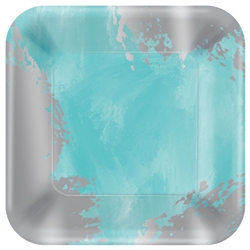 Robin's-Egg Blue Brushstroke Square Metallic Plates, 7"