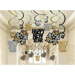 New Year Hanging Swirl Decorations Mega Pack Black/Silver/Gold