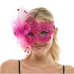Hot Pink Lace Mask with Flower and Veil