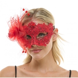 Red Lace Mask with Flower and Veil