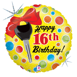 Happy 16th Birthday Key and Dots Mylar Balloon