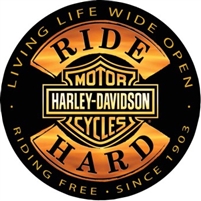 Tin Black  &  Gold Harley Ride Hard Sign - Round - Shop.LVHD.com