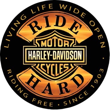 Tin Black  &  Gold Harley Ride Hard Sign - Round - Shop.LVHD.com