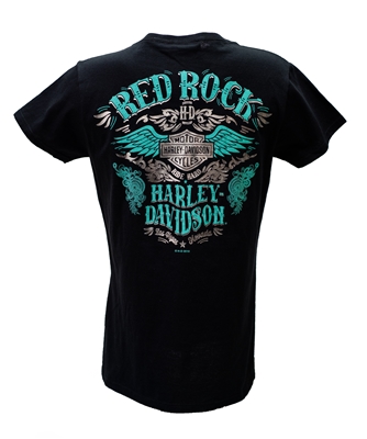 Women's Red Rock Harley V-Neck Tshirt - Teal  &  Silver Bar  &  Shield