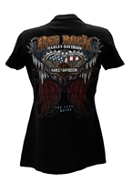 Ladies Red Rock Harley Rustic Metal Heart  &  Wings V-Neck - Blk