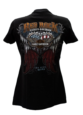 Ladies Red Rock Harley Rustic Metal Heart  &  Wings V-Neck - Blk