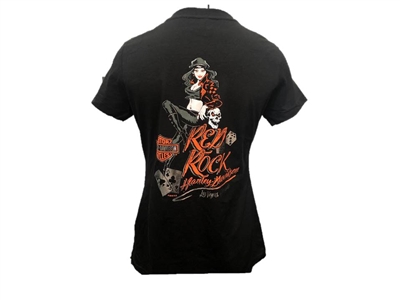 Ladies Red Rock Harley Leather Biker Pinup V-Neck - Black