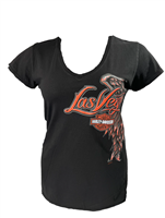 Women's Black Las Vegas Harley V-Neck Tshirt w &  Orange Wings