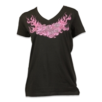 Ladies Black Red Rock Harley V-Neck - Neon Pink Flames