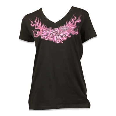 Ladies Black Red Rock Harley V-Neck - Neon Pink Flames