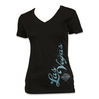 Ladies V-Neck Black  &  Turquoise Las Vegas Harley T-Shirt