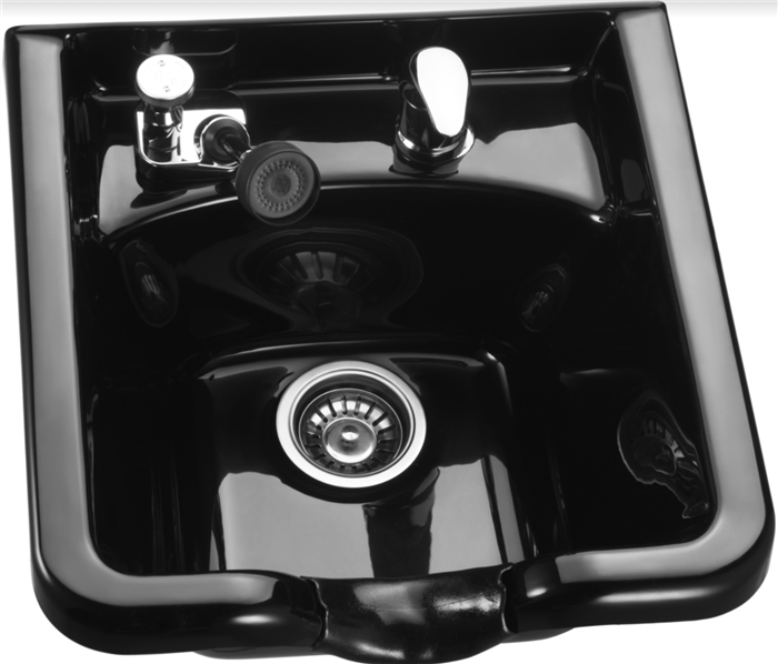 SP-I Square Plastic Shampoo Bowl - Black Complete with Vacuum Breaker, Faucet, Shampoo Spray Hose, Hose Receiver Plate, Plastic Neck Rest, Drain Assembly and Mounting Bracket