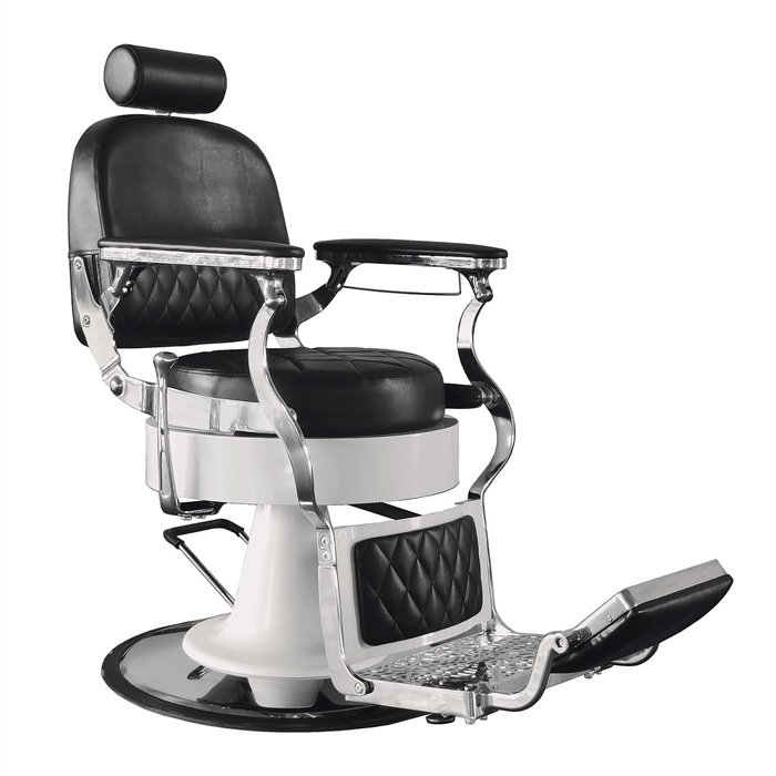 ORION Barber Chair: Sleek Black Barber Chair with White Accent and Silver Finishes â€“ Modern Adjustable Round Chair YC-H-31937BKR