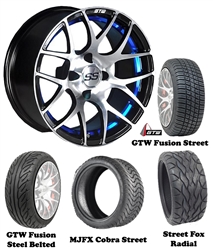 14" GTW Pursuit Blue/Black Wheels with Low Profile Golf Cart Tire