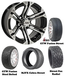 14" Specter Machined & Black Wheels with Low Profile Golf Cart Tire