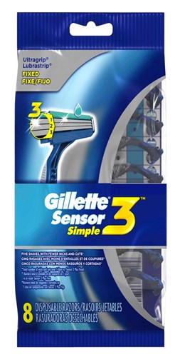 Gillette Mens Sensor Simple 3 Razor Disposable 8 Count (10943)<br><br><br>Case Pack Info: 32 Units