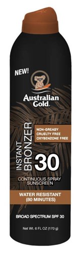 Australian Gold Continuous Spf#30 Spray 6oz With Bronzer (12174)<br><br><span style="color:#FF0101"><b>12 or More=Unit Price $9.38</b></span style><br>Case Pack Info: 6 Units